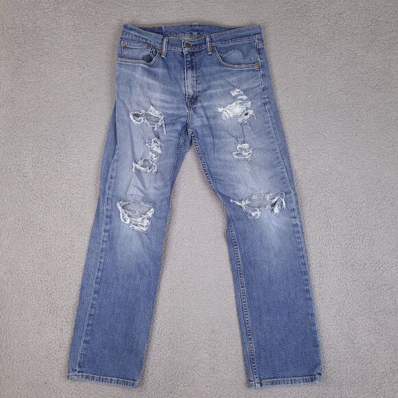 Levi's Jeans Mens 32x28.5 Blue 505 Denim Distressed‎ Thrashed - Picture 1 of 16
